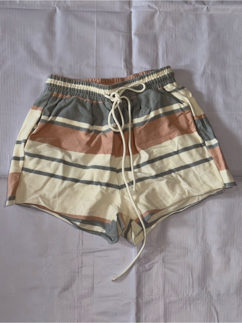 Hot & Delicious Striped Drawstring Athletic Shorts - Cream, Gray & Peach